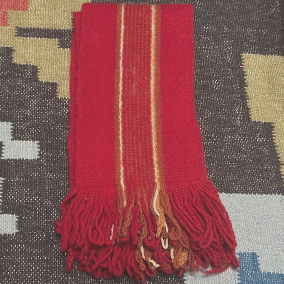 Ecuadorian 100% Wool Fringed Striped Scarf, Red with Brown/Cream Stripes - Picture 1 of 14